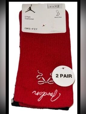 Nike Jumpman Kids Crew Socks 2 Pair Youth 5Y-7Y Red Black w Jordan Logo Cushion